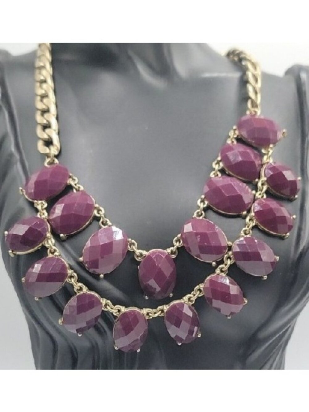 Boho Style Bib Necklace Dark Purple Faceted Faux Gems Flat Link Chain Statement